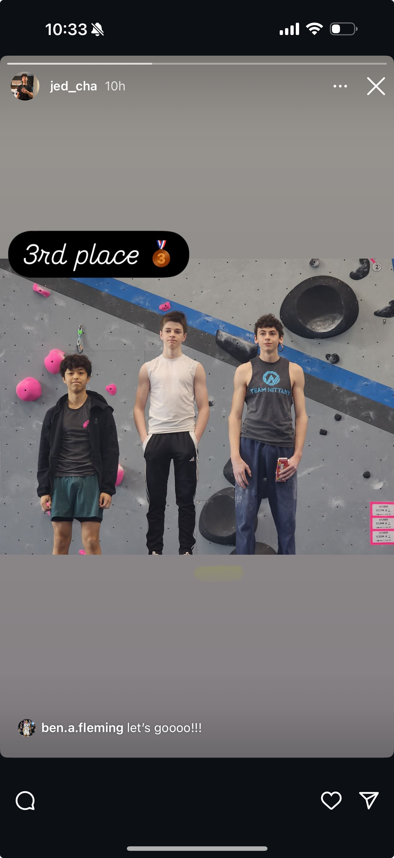 Jed Cha competing as a member of the competitive youth rock climbing team, and getting 3rd in regional competition